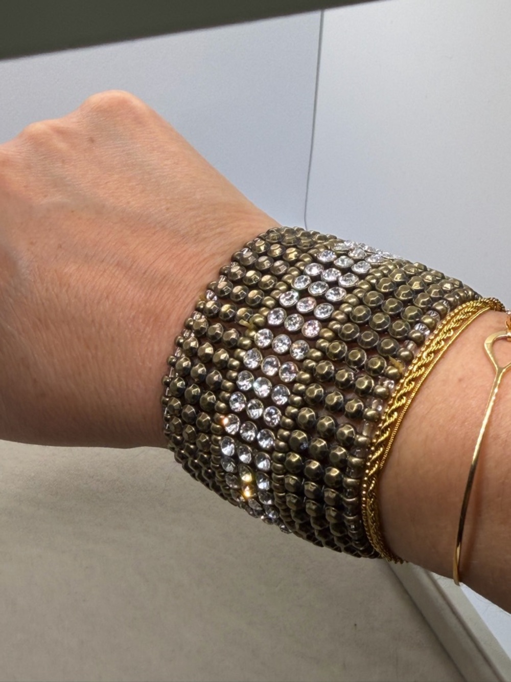 Wide Bronze Tone Beaded Stretch Cuff
Bracelet Rhinestone Statement